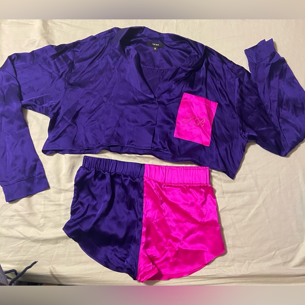 The Bar Two Tone Pink and Purple Silk Pajamas pj top shorts varsity sweatshirt